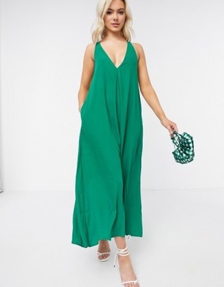 ASOS DESIGN v neck minimal smock jumpsuit in emerald | green relaxed fit wide leg jumpsuits | deep V neckline - flipped