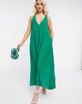 ASOS DESIGN v neck minimal smock jumpsuit in emerald | green relaxed fit wide leg jumpsuits | deep V neckline