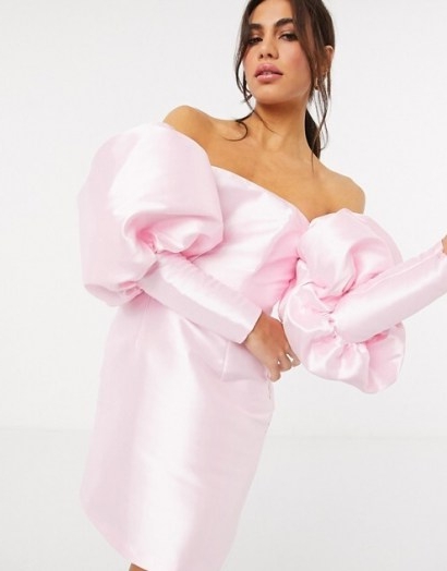 ASOS EDITION satin puff sleeve off shoulder mini dress in pink | oversized statement sleeves | bardot party dresses