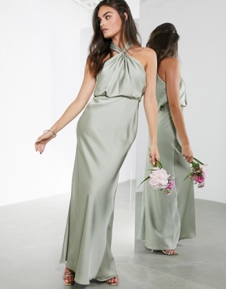 ASOS EDITION satin ruched halter neck maxi dress in sage green ~ occasion wear ~ long party dresses ~ halterneck bridesmaid gown