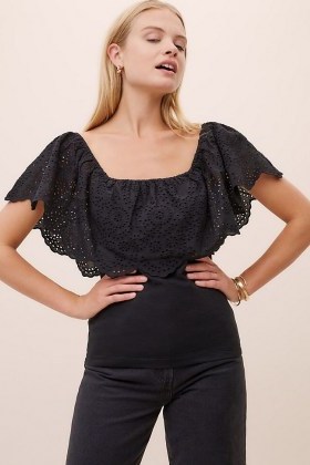 ANTHROPOLOGIE Casandra Broderie Top Black / floral lace cut outs / bardot tops - flipped