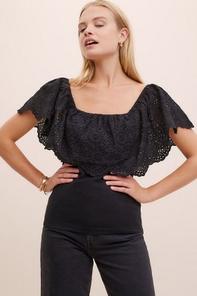 ANTHROPOLOGIE Casandra Broderie Top Black / floral lace cut outs / bardot tops