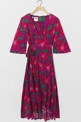 Farm Rio Vieques Wrap Maxi Dress Purple Motif / high low hemlines / tie waist dresses - flipped
