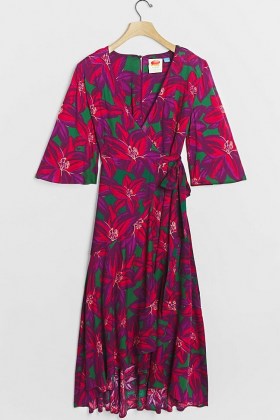 Farm Rio Vieques Wrap Maxi Dress Purple Motif / high low hemlines / tie waist dresses