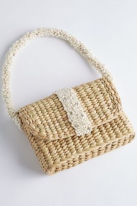 ANTHROPOLOGIE Beaded Clutch Bag Neutral / cute raffia and bead top handle handbag - flipped