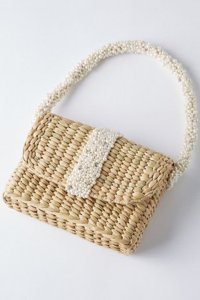 ANTHROPOLOGIE Beaded Clutch Bag Neutral / cute raffia and bead top handle handbag