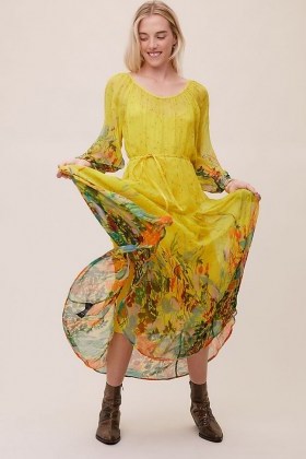 ANTHROPOLOGIE Tarian Maxi Dress Yellow Motif / bright semi sheer dresses / boho inspired fashion - flipped