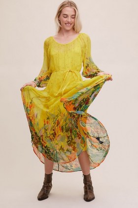ANTHROPOLOGIE Tarian Maxi Dress Yellow Motif / bright semi sheer dresses / boho inspired fashion