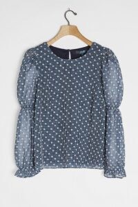 Eva Franco Lesley Textured Blouse Navy / blue checked blouses / puff sleeve tops