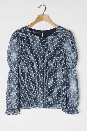 Eva Franco Lesley Textured Blouse Navy / blue checked blouses / puff sleeve tops - flipped