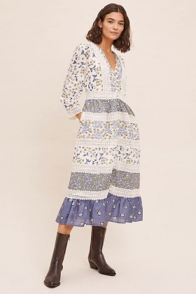 ANTHROPOLOGIE Roberta Maxi Dress Blue Motif / floral mixed print dresses / folk inspired fashion