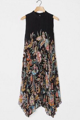 Anthropologie Cecily Pleated Midi Dress ~ lbd ~ little black floral print dresses ~ handkerchief hemlines - flipped