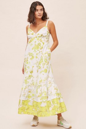 Solenne Flounced Maxi Dress Yellow Motif / long floral dresses / tiered hemline - flipped