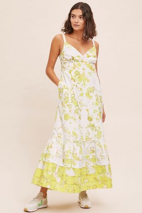 Solenne Flounced Maxi Dress Yellow Motif / long floral dresses / tiered hemline