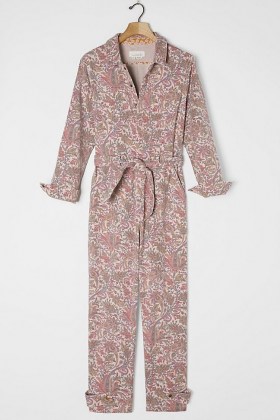 ANTHROPOLOGIE Paisley Utility Jumpsuit in Rose / feminine utilitarian fashion / long sleeve front pocket jumpsuits - flipped