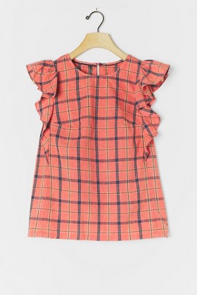 ANTHROPOLOGIE Amarette Ruffled Blouse Coral / plaid top / ruffle sleeve blouses / casual checked tops / check prints - flipped