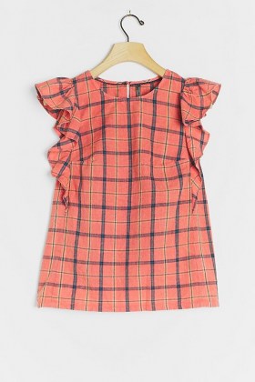 ANTHROPOLOGIE Amarette Ruffled Blouse Coral / plaid top / ruffle sleeve blouses / casual checked tops / check prints