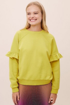ANTHROPOLOGIE Amie Cotton Sweatshirt CHARTREUSE – frill sleeve sweatshirts – yellow green swat top - flipped
