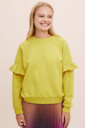 ANTHROPOLOGIE Amie Cotton Sweatshirt CHARTREUSE – frill sleeve sweatshirts – yellow green swat top