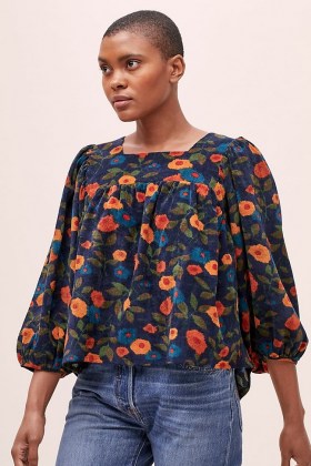 Meadows Myrtle Corduroy Blouse Navy / floral cord blouses / peasant style tops - flipped