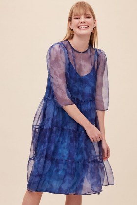 Anthropologie Zera Tiered-Silk Dress Blue – sheer overlay dresses - flipped
