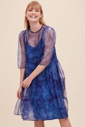 Anthropologie Zera Tiered-Silk Dress Blue – sheer overlay dresses