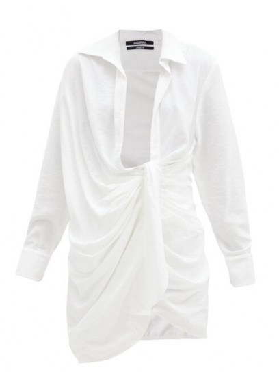 JACQUEMUS Bahia white knotted twill shirt dress ~ plunging neckline dresses ~ effortless summer glamour