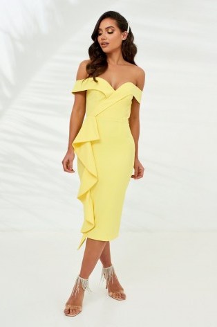 LAVISH ALICE bardot midi dress with waterfall ruffle in yellow – off the shoulder party dresses - flipped
