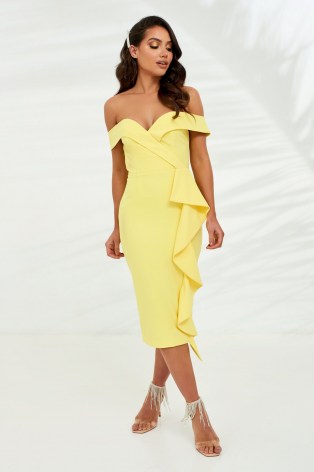 LAVISH ALICE bardot midi dress with waterfall ruffle in yellow – off the shoulder party dresses