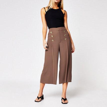 RIVER ISLAND Beige button front culotte trousers ~ brown culottes ~ crop leg trouser - flipped