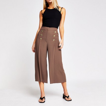 RIVER ISLAND Beige button front culotte trousers ~ brown culottes ~ crop leg trouser