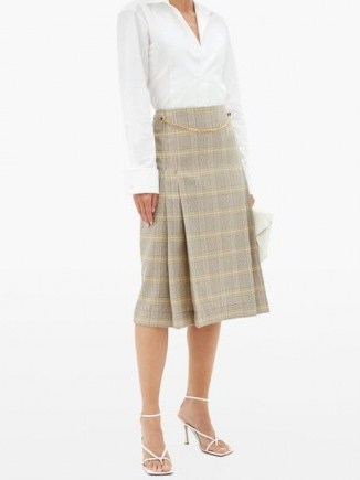VICTORIA BECKHAM Belted pleated checked-wool high-rise skirt | check print chain detail skirts - flipped