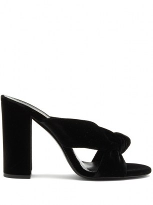 SAINT LAURENT Bianca knotted velvet mules in black ~ luxe block heel mule ~ knot detail slip on sandals
