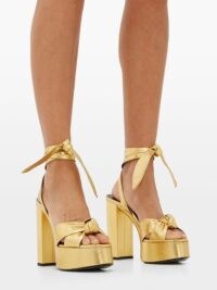 Kate Beckinsale gold ankle tie platforms, SAINT LAURENT Bianca metallic-leather platform sandals, on Instagram, 8 August 2020 | celebrity social media heels | star footwear