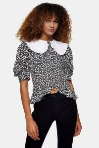 Topshop Black And White Constrast Collar Star Top – oversized collars – frill hem puff sleeve tops