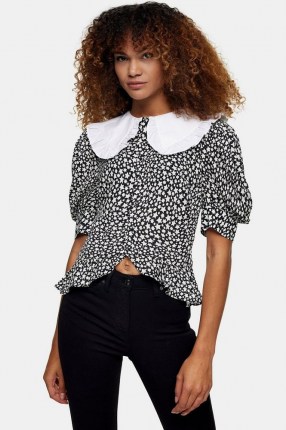 Topshop Black And White Constrast Collar Star Top – oversized collars – frill hem puff sleeve tops - flipped