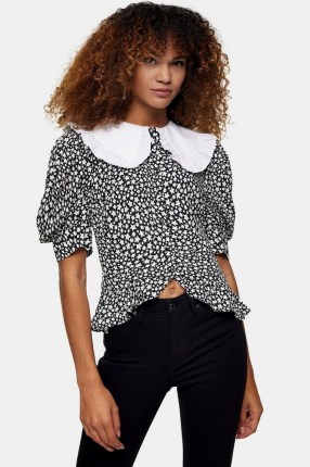 Topshop Black And White Constrast Collar Star Top – oversized collars – frill hem puff sleeve tops