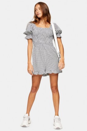 Topshop Black And White Shirred Gingham Playsuit | check puff sleeve playsuits - flipped