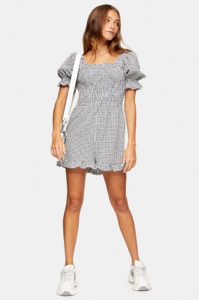 Topshop Black And White Shirred Gingham Playsuit | check puff sleeve playsuits