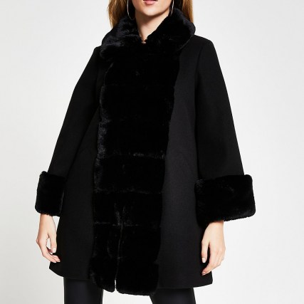 RIVER ISLAND Black faux fur panelled swing coat / chic winter coats