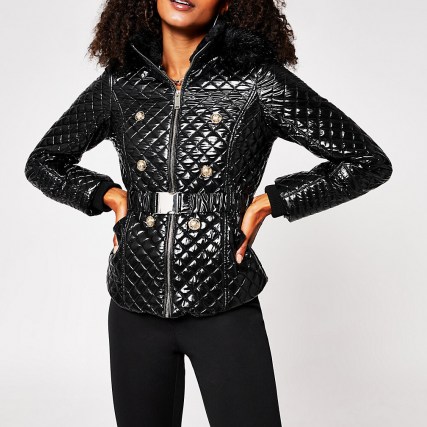 RIVER ISLAND Black padded belt jacket ~ glossy quilted jackets ~ high shine autumn / winter outerwear - flipped