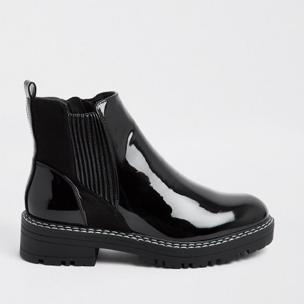RIVER ISLAND Black patent chunky chelsea boot ~ high shine ankle boots ~ glossy finish ~ autumn / winter footwear - flipped