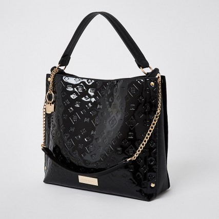 River Island Black patent embossed slouch handbag | high shine handbags