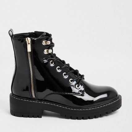 RIVER ISLAND Black patent lace up chunky boot ~ shiny side zip ankle boots ~ chelsea / combat - flipped