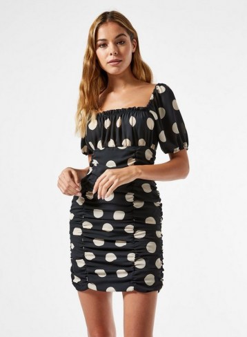 MISS SELFRIDGE Black Spot Ruched Mini Dress / gathered monochrome dresses