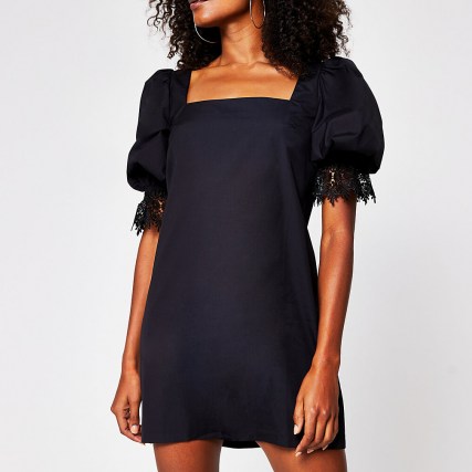 RIVER ISLAND Black SS Lace Trim Shift Mini Dress ~ short sleeve lbd ~ sqare neck puff sleeved dresses - flipped