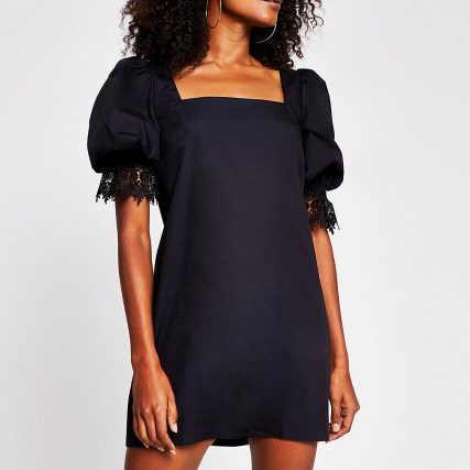 RIVER ISLAND Black SS Lace Trim Shift Mini Dress ~ short sleeve lbd ~ sqare neck puff sleeved dresses