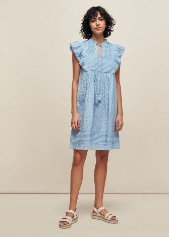 WHISTLES PINTUCK FRILL COTTON DRESS BLUE / ruffle detail summer dresses - flipped