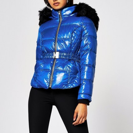 RIVER ISLAND Blue quilted double zip padded coat ~ hooded winter jackets ~ belted faux fur jacket ~ stylish padded coats - flipped