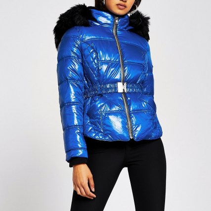 RIVER ISLAND Blue quilted double zip padded coat ~ hooded winter jackets ~ belted faux fur jacket ~ stylish padded coats